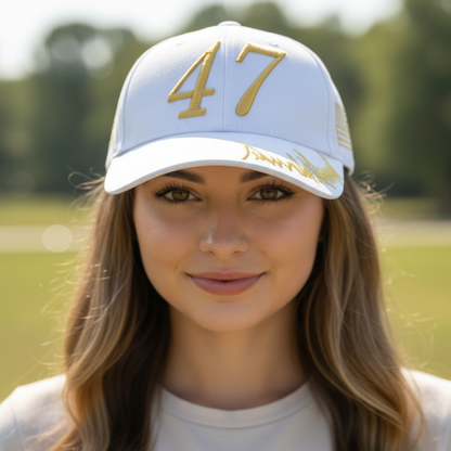 Trump 47 White Cap with Gold Embroidery – Hook & Loop Adjustable Patriotic Hat