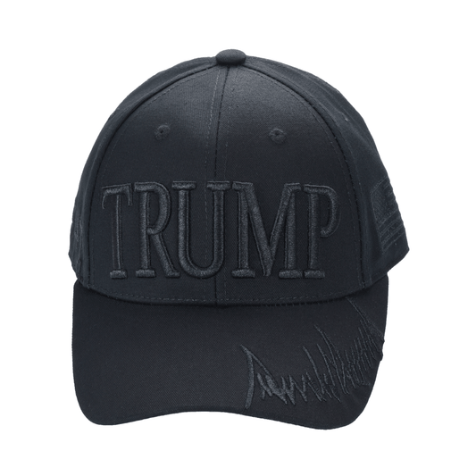 Trump Blackout Cap all-black dad hat with subtle Trump embroidery and adjustable fit
