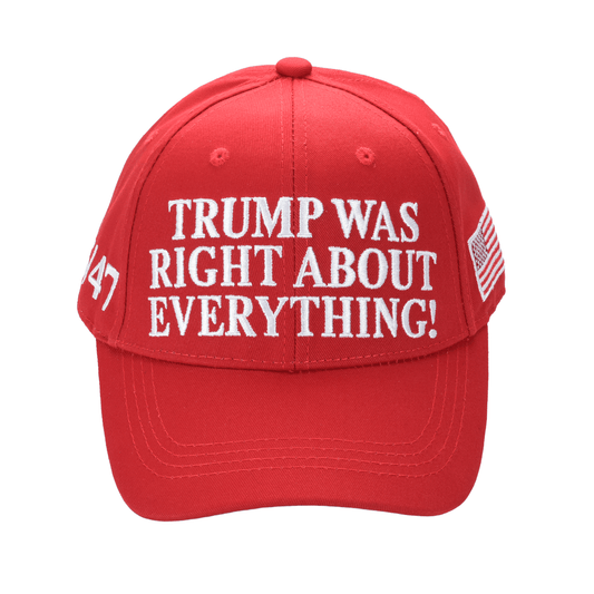Red Trump Was Right About Everything embroidered cap with 45/47 and USA flag patches, adjustable dad hat for patriotic support