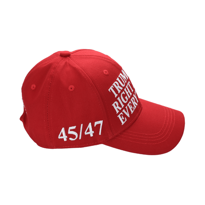 Trump Was Right About Everything Cap – Patriotic Red Embroidered Dad Hat (45/47, USA Flag)