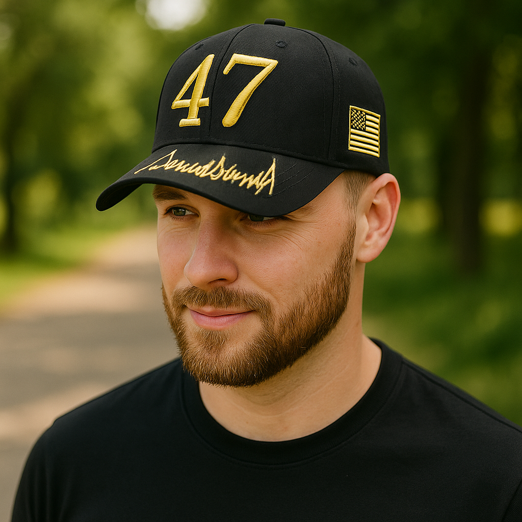Trump 47 Black Cap with Gold Embroidery – Hook & Loop Adjustable Patriotic Hat
