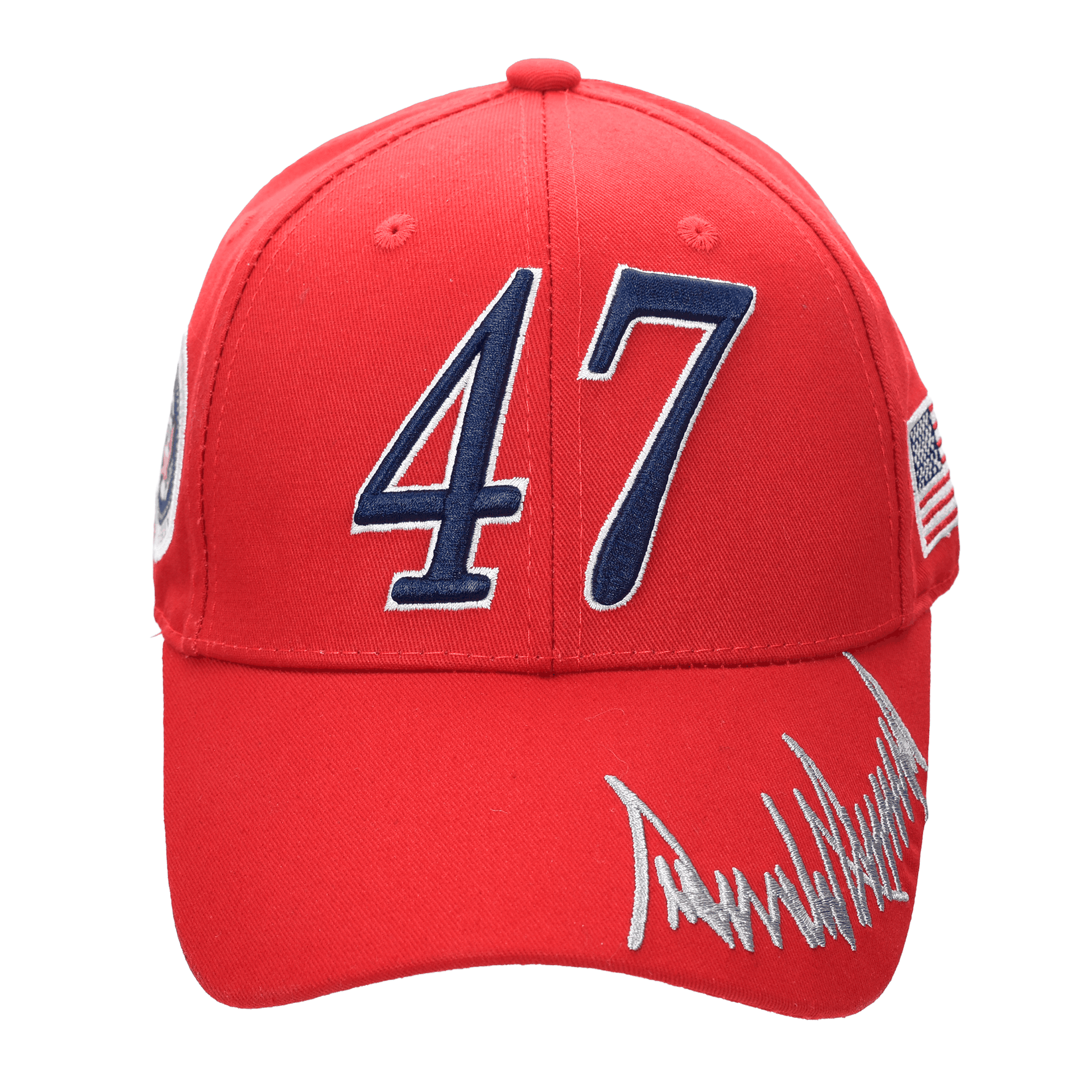Red Trump 47 Cap with embroidered 47, presidential seal, USA flag, and Donald Trump signature on cotton twill