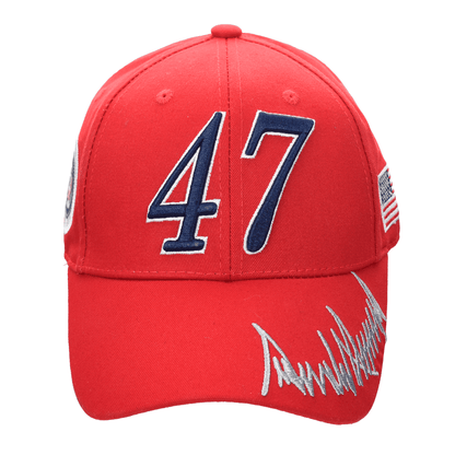 Red Trump 47 Cap with embroidered 47, presidential seal, USA flag, and Donald Trump signature on cotton twill