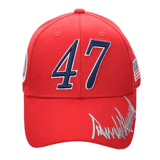 Red Trump 47 Cap with embroidered 47, presidential seal, USA flag, and Donald Trump signature on cotton twill