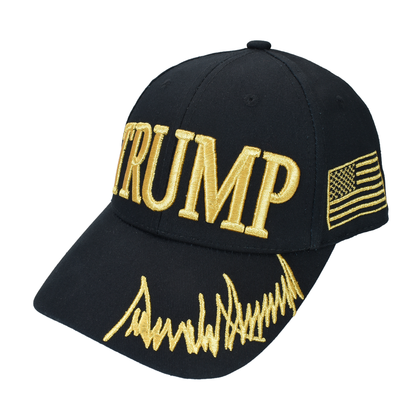 Trump Black Cap with Gold Embroidery – Hook & Loop Adjustable Patriotic Hat
