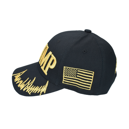 Trump Black Cap with Gold Embroidery – Hook & Loop Adjustable Patriotic Hat