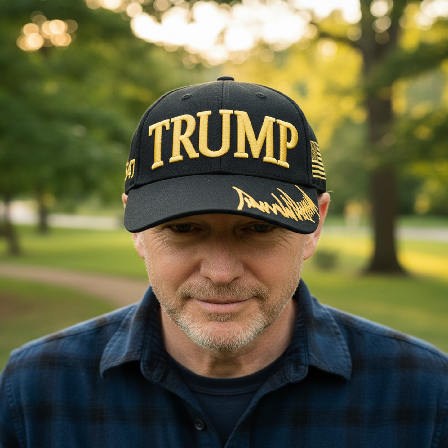 Trump Black Cap with Gold Embroidery – Hook & Loop Adjustable Patriotic Hat