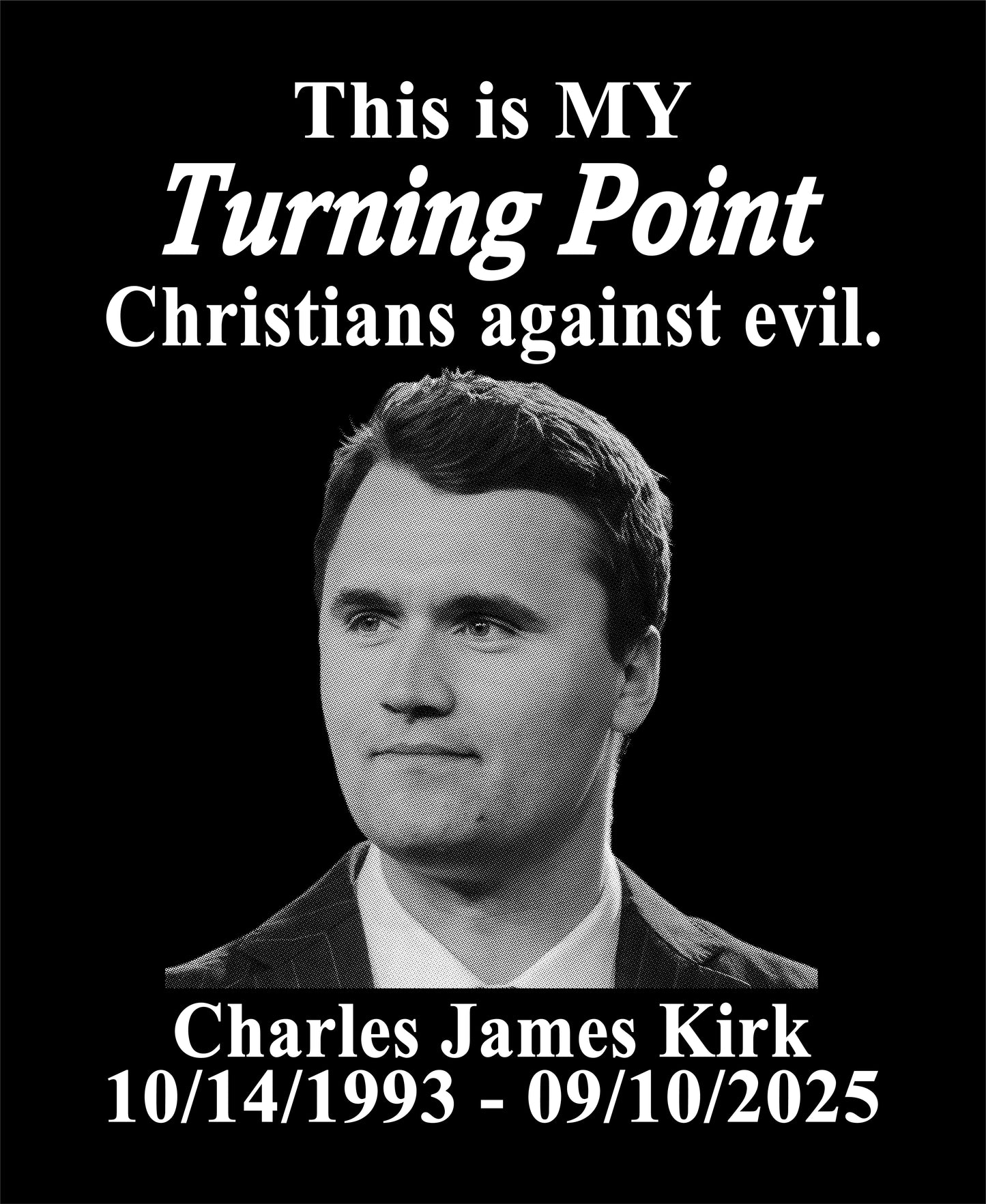 Black and white portrait of a man with text about a 'Turning Point' and date.