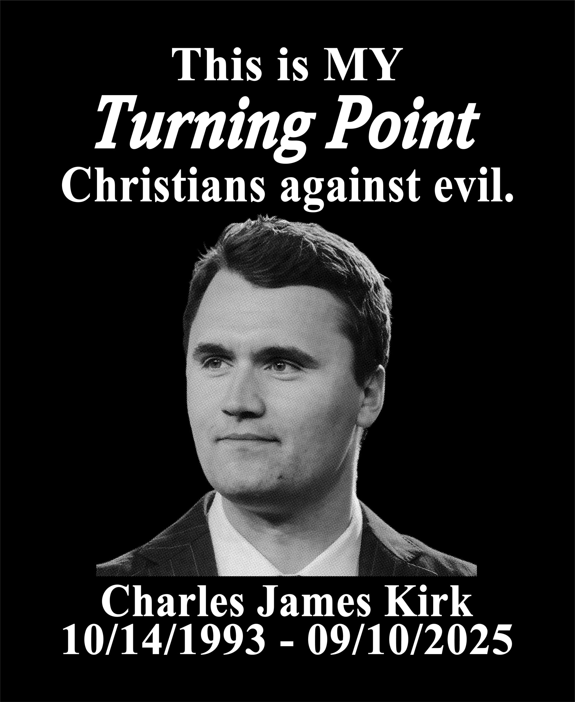 Black and white portrait of a man with text about a 'Turning Point' and date.