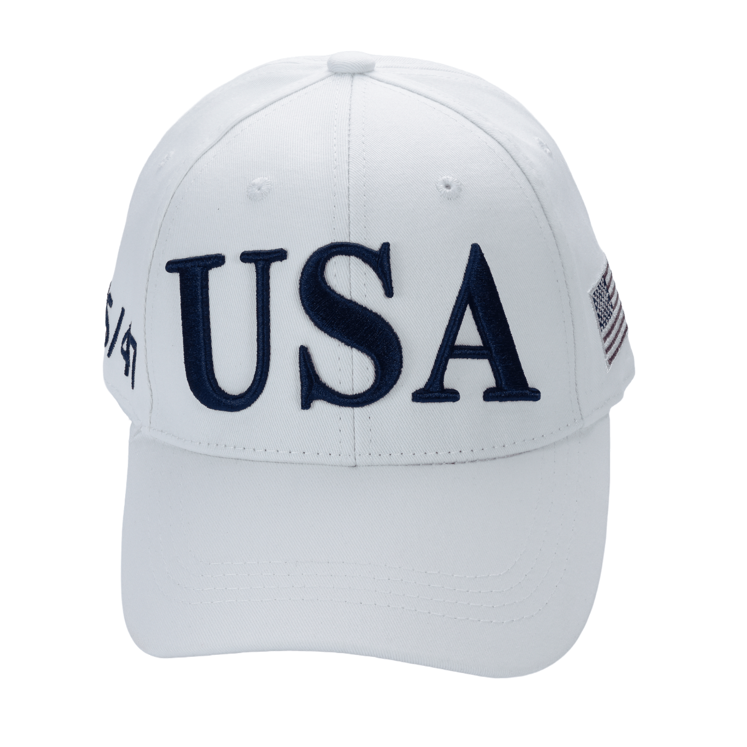 White USA Premium Cotton Twill dad hat with embroidered USA front, American flag on side, and adjustable strap