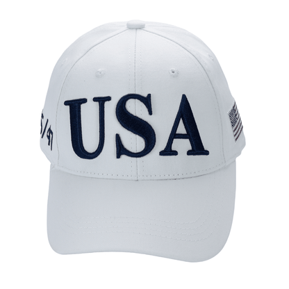 White USA Premium Cotton Twill dad hat with embroidered USA front, American flag on side, and adjustable strap
