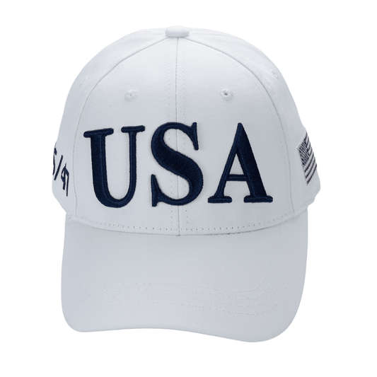 White USA Premium Cotton Twill dad hat with embroidered USA front, American flag on side, and adjustable strap