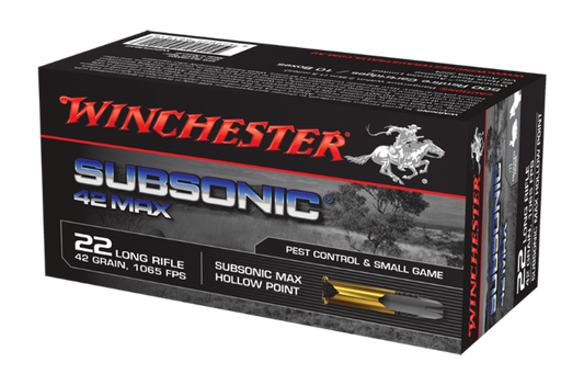 22 Long Rifle, Winchester W22SUB42U, 42 gr. Subsonic Max Hollow Point, 50 per Box