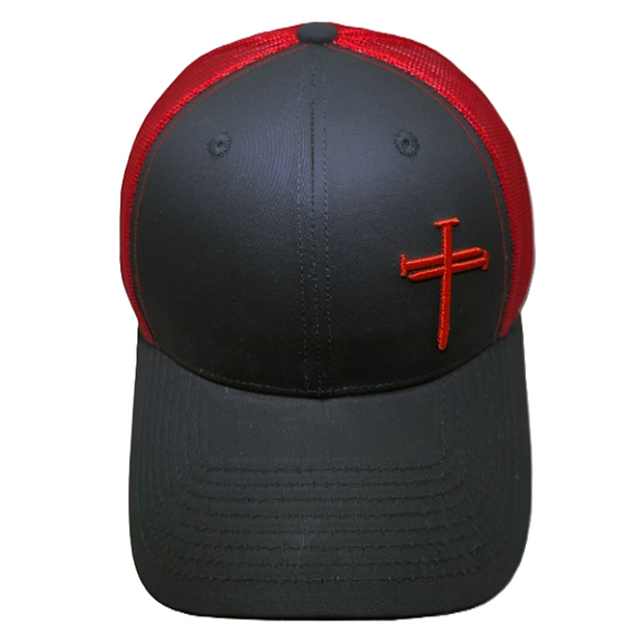 Cross of Nails in Red on Trucker Black Cap with Red Mesh Back