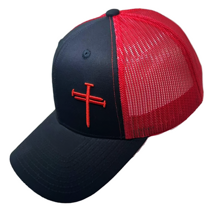 Cross of Nails in Red on Trucker Black Cap with Red Mesh Back
