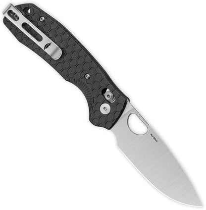 Honey Badger HB6001 Crossbolt folding knife clip side with satin 8Cr13MoV blade and black FRN handle