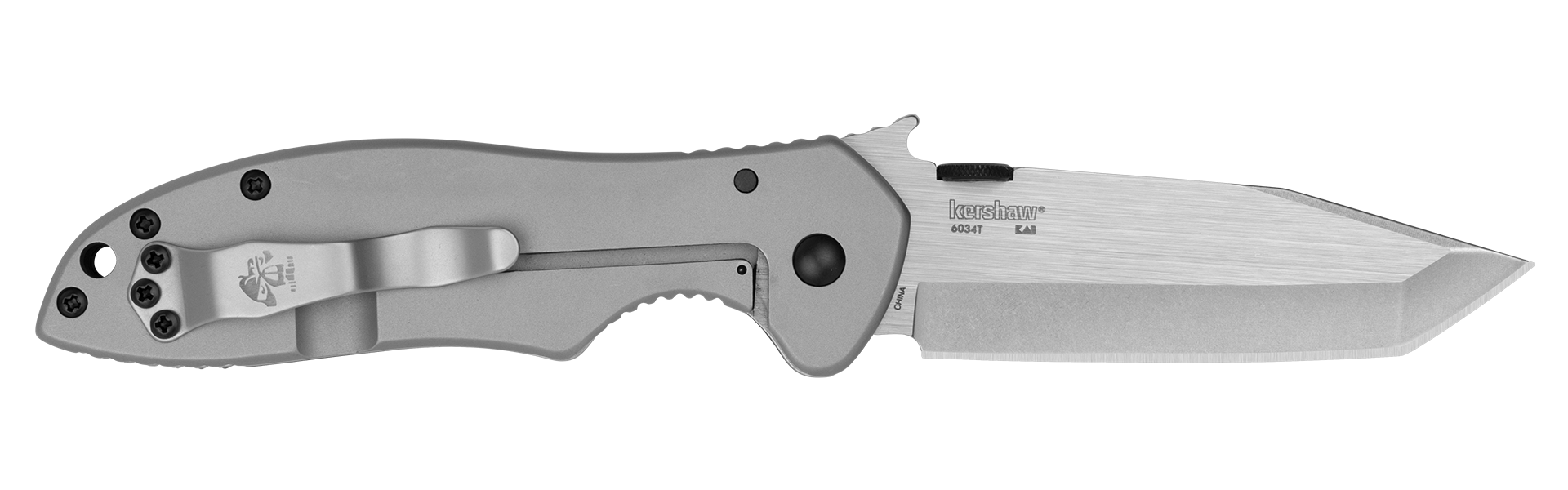 Kershaw CQC-7K 6034T Emerson folding knife clip side with tanto blade, frame lock and pocket clip