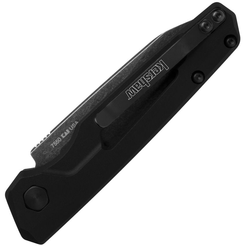 Kershaw Launch 11 7550 automatic knife closed showing black aluminum handle and reversible pocket clip