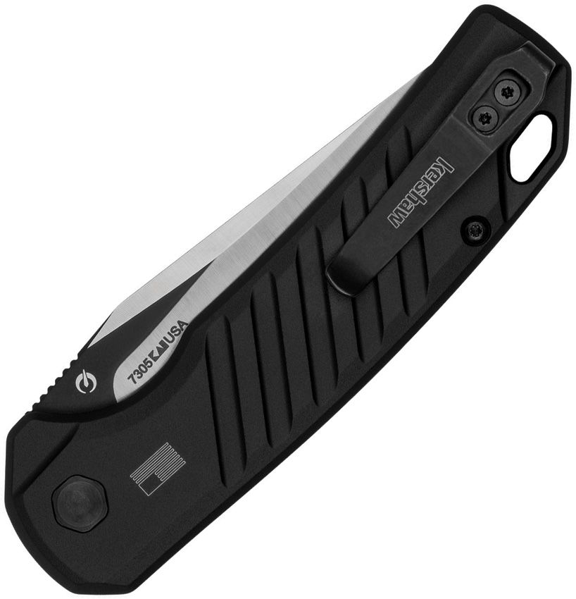 Kershaw Launch 23 7305 automatic knife closed showing black aluminum handle and deep-carry pocket clip
