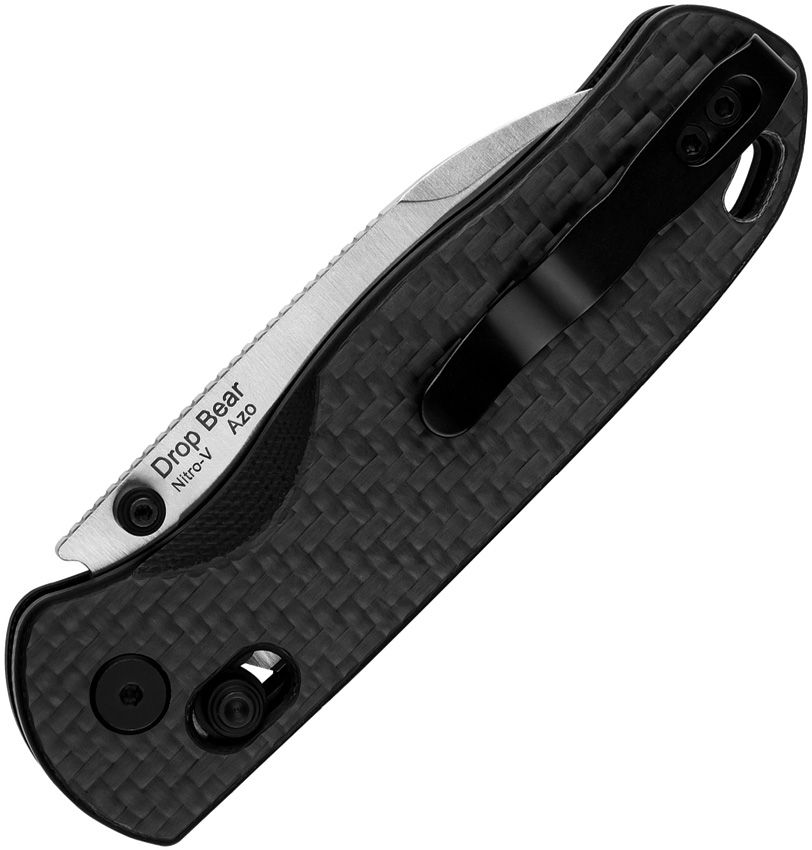 Kizer Drop Bear V3619A3 folding knife closed clip side showing black 3K carbon fiber handle and deep-carry pocket clip