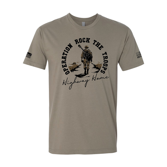 tan t-shirt with operation rock the troops highway home design screen print on white background