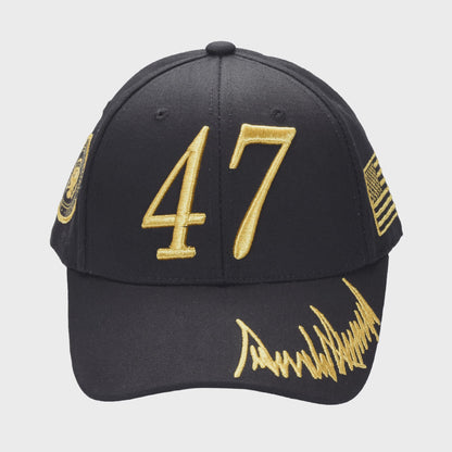 Trump 47 Black Cap with Gold Embroidery – Hook & Loop Adjustable Patriotic Hat