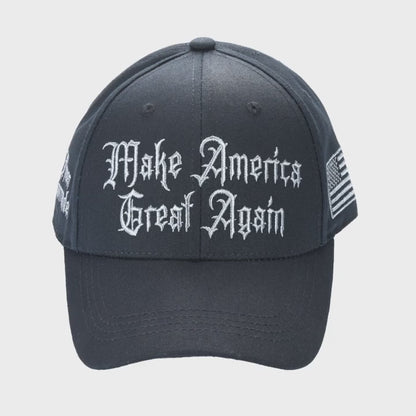 Gothic Dark MAGA Trump Cap – Black Cotton Twill, “Make America Great Again” Gothic Embroidery, Never Surrender Side, Flag & Trump Back