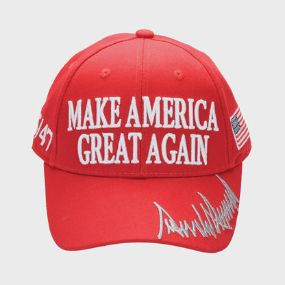 MAGA Baseball Cap with Gray Trump Signature Bill ‒ Patriotic Red Snapback Hat for Men & Women / Trump 45-47