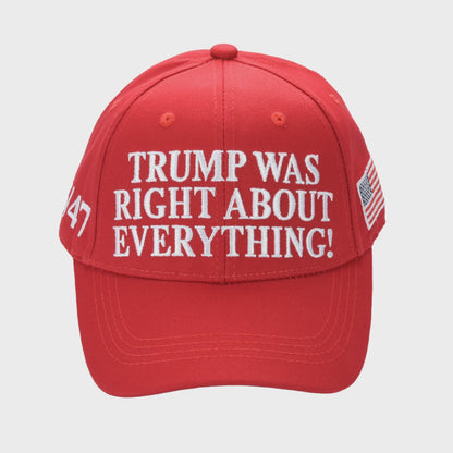 Trump Was Right About Everything Cap – Patriotic Red Embroidered Dad Hat (45/47, USA Flag)