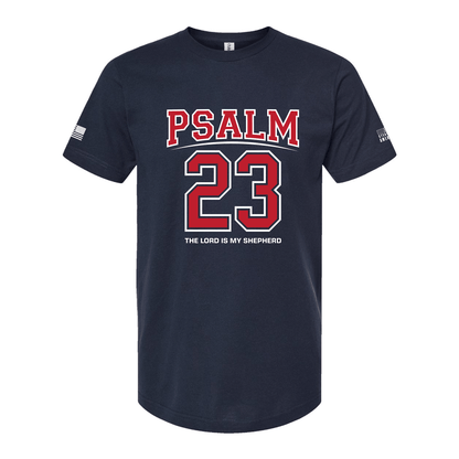 Navy blue Psalm 23 t-shirt with "The Lord Is My Shepherd" text, American flag and Steadfast logo on sleeves, made of soft cotton blend.