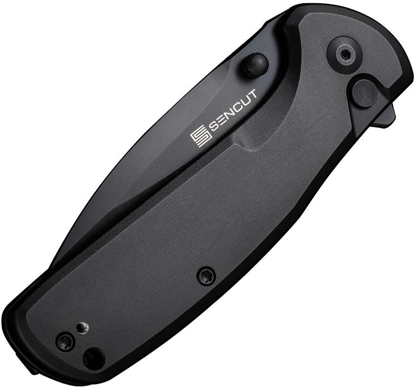 SENCUT ArcBlast S22043B-1 folding knife closed showing black aluminum handle, button lock and flipper