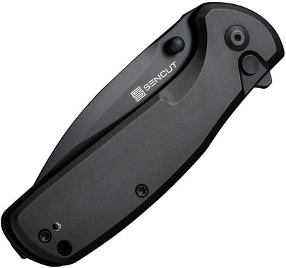 SENCUT ArcBlast S22043B-1 folding knife closed showing black aluminum handle, button lock and flipper