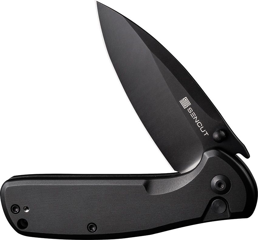 SENCUT ArcBlast S22043B-1 folding knife partially open showing black 9Cr18MoV blade, flipper and button lock