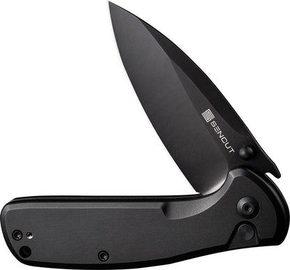 SENCUT ArcBlast S22043B-1 folding knife partially open showing black 9Cr18MoV blade, flipper and button lock