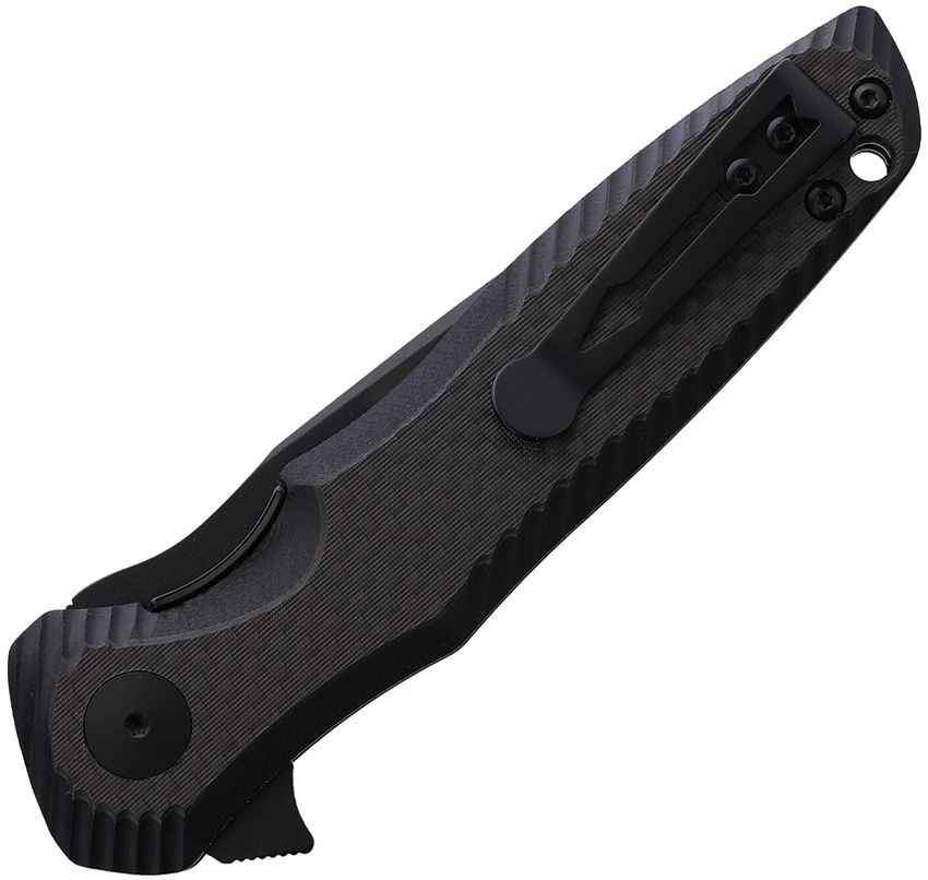 Spartan Blades POROS folding knife closed clip side showing carbon fiber G-10 composite handle and deep-carry pocket clip