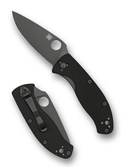 Spyderco Tenacious C122GBBKP folding knife shown open and closed with black 8Cr13MoV blade and black G-10 handle