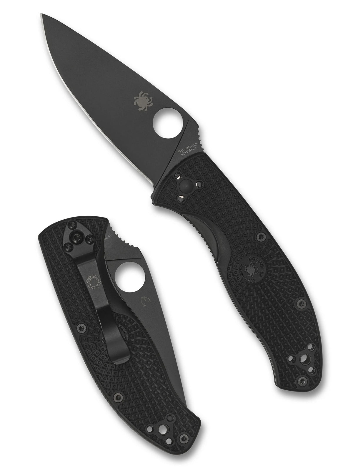 Spyderco Tenacious Lightweight C122PBBK folding knife shown open and closed with black 8Cr13MoV blade and black FRN handle