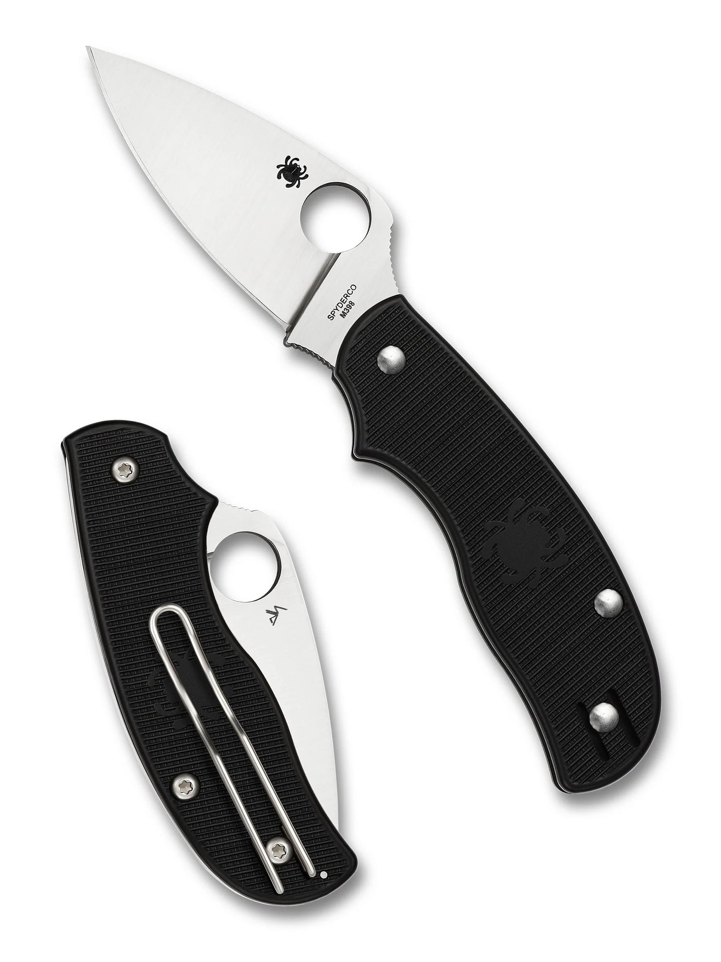 Spyderco Urban C127PBK folding knife shown open and closed with M398 blade, black FRN handle and deep-pocket wire clip