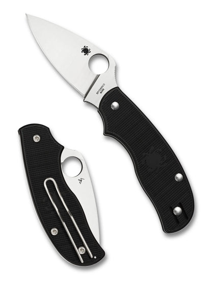Spyderco Urban C127PBK folding knife shown open and closed with M398 blade, black FRN handle and deep-pocket wire clip